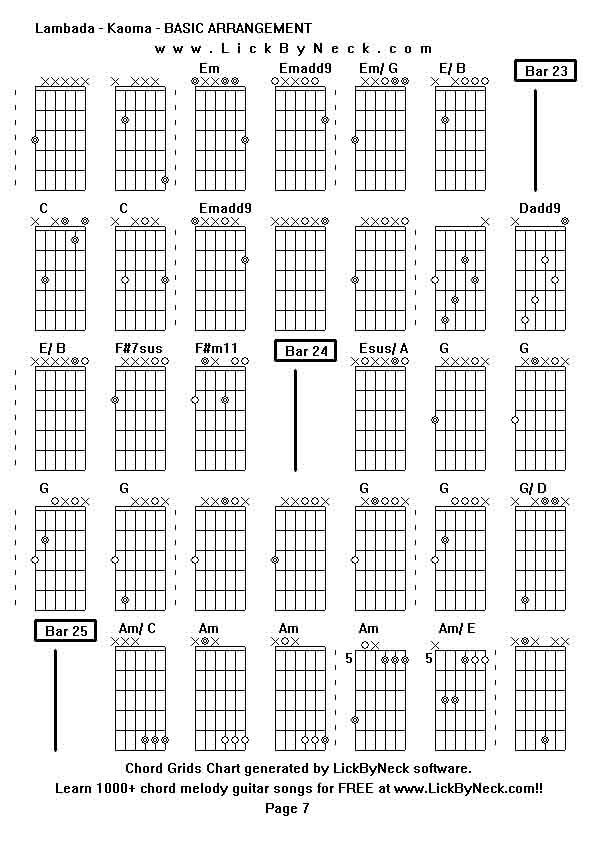 Chord Grids Chart of chord melody fingerstyle guitar song-Lambada - Kaoma - BASIC ARRANGEMENT,generated by LickByNeck software.